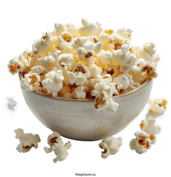 [Transparent Background PNG]White ceramic bowl filled with salted popcorn isolated on black background