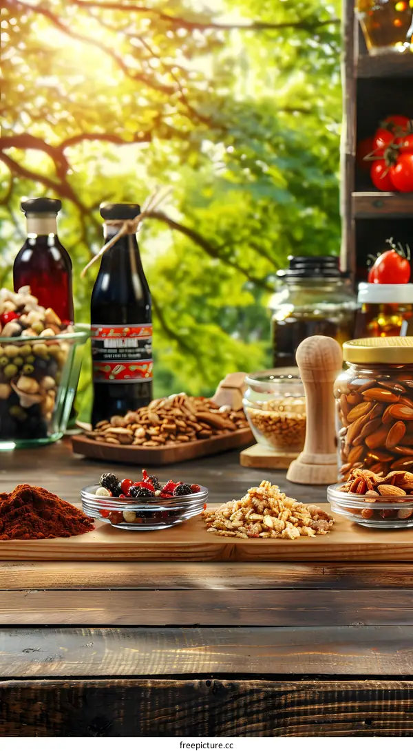 Wooden Table With Bowls Of Nuts, Berries, And Granola