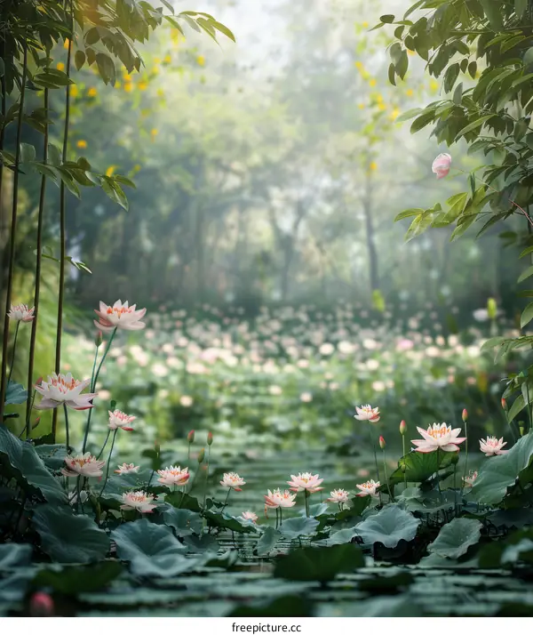 A beautiful pond of pink and white lotuses with green leaves and a lush green background
