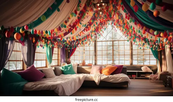 A room decorated with colorful balloons and streamers