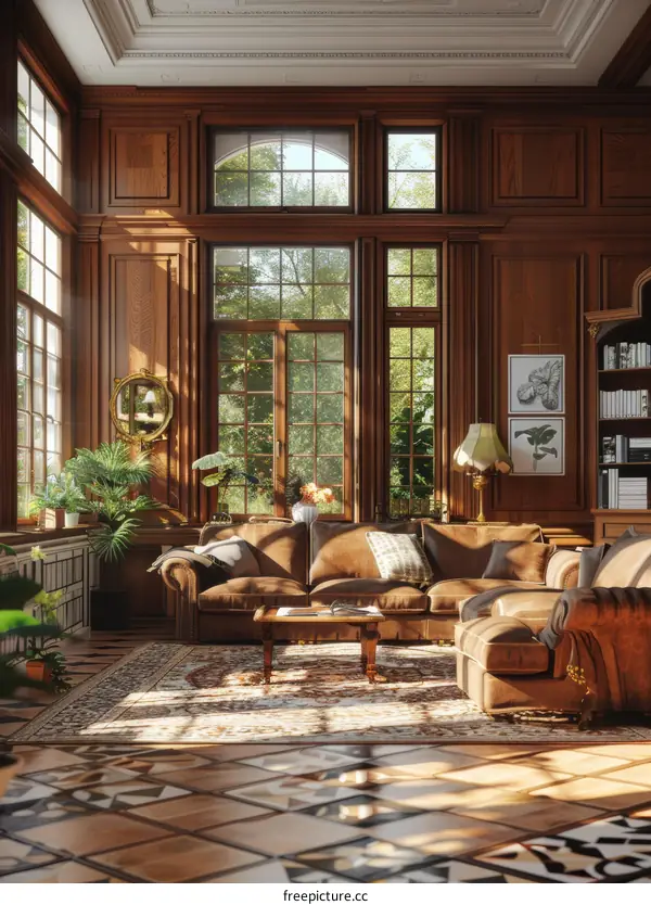 Sunlight Streaming Through Large Windows In A Classic Living Room