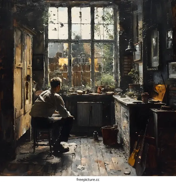 Man Sitting in a Room Looking Out a Window