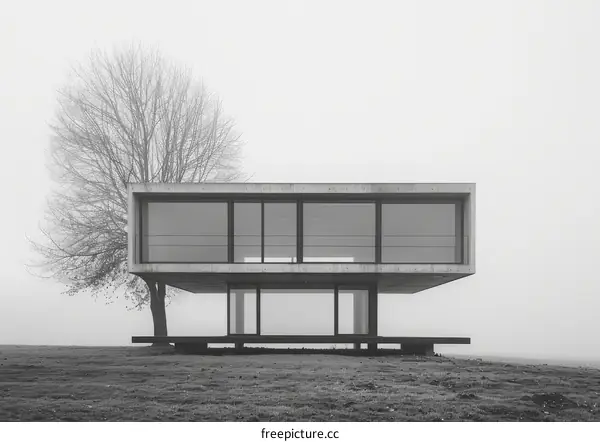 Modern House with Large Glass Windows in Foggy Landscape