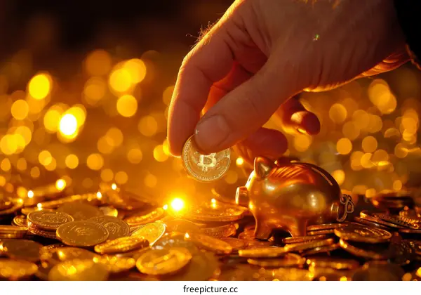 Hand putting a gold Bitcoin into a golden piggy bank with a glowing light effect on a pile of gold coins