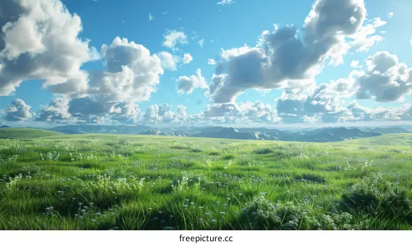 Green Grass Field Under Blue Sky with White Clouds