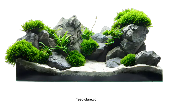 [Transparent Background PNG]Green Moss and Rocks Aquascape