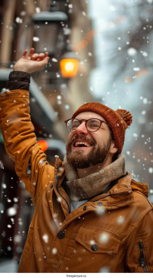 Man Enjoying Snowfall in the City