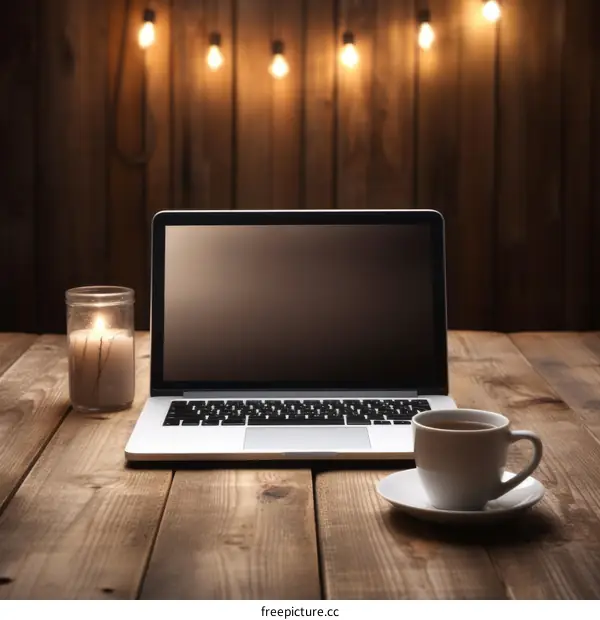 A wooden table with a laptop, a cup of tea and a candle on it