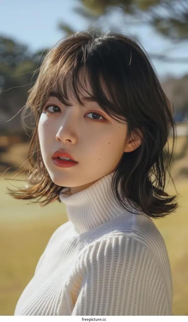 Young Woman with Short Hair and White Turtleneck in Outdoor Setting