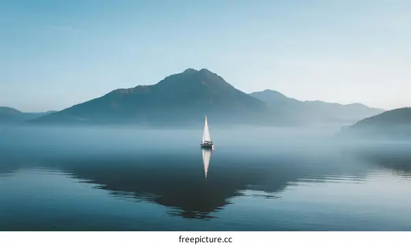 A serene sailboat glides on calm lake waters surrounded by misty mountains