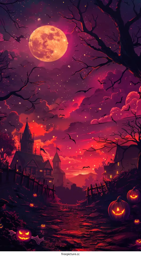 Halloween night spooky moon creepy village