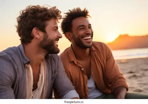 Two men sitting on the beach and laughing