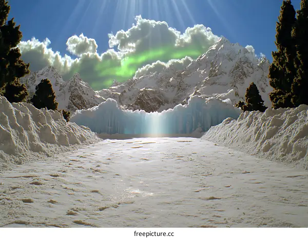 Snow Covered Mountains With Ice Wall Pathway And Green Aurora Borealis