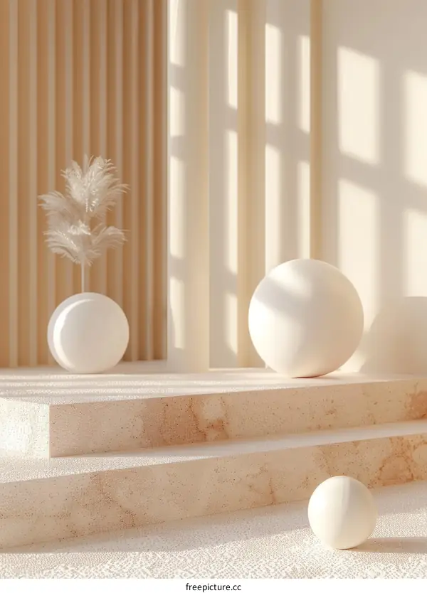 3D rendering of a podium with a plant and spheres