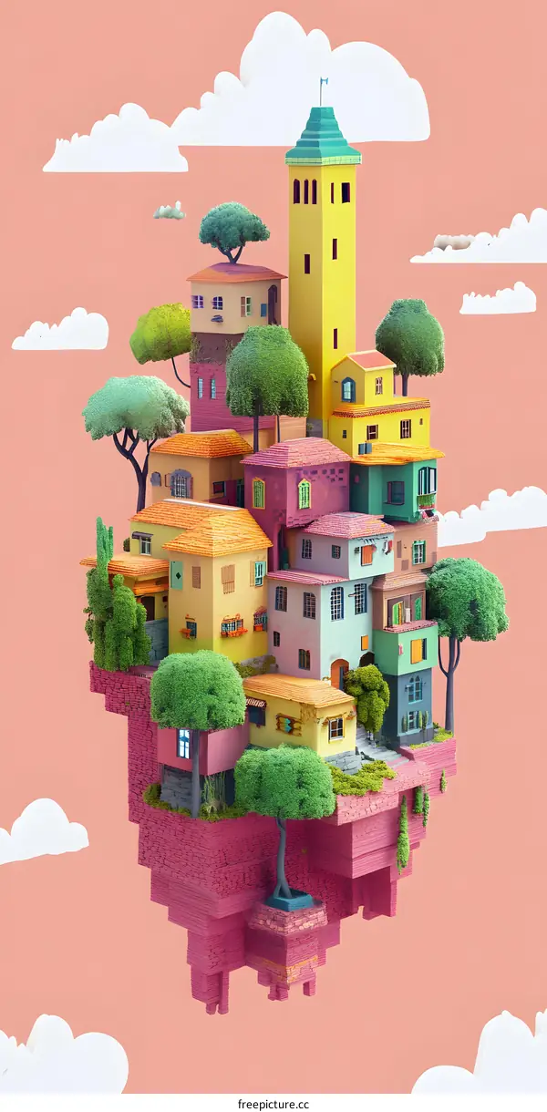Colorful Floating Village Illustration with Houses and Trees