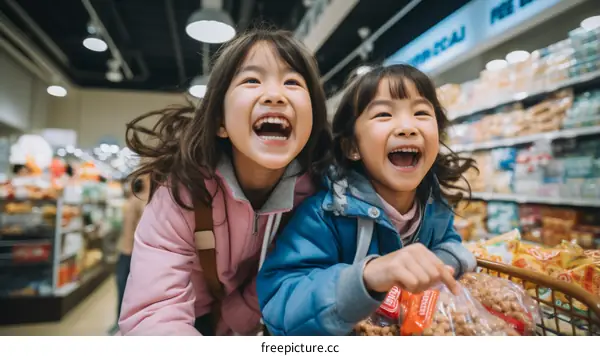 Two happy little Asian girls having fun grocery shopping with their mother