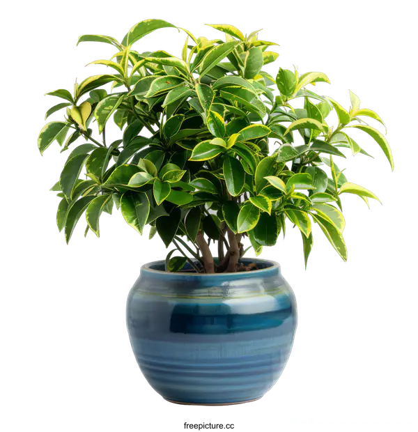 [Transparent Background PNG]Variegated Schefflera Arboricola Plant in Blue Pot
