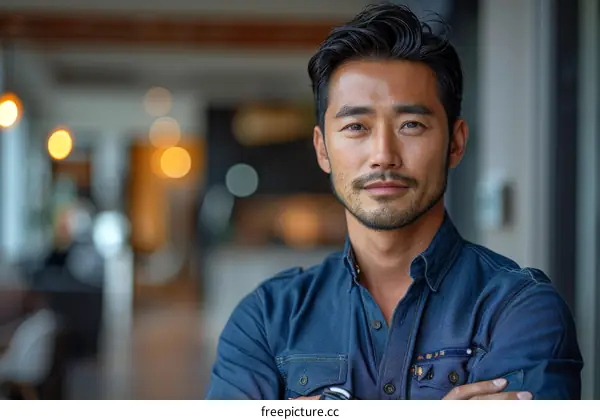 Headshot of a young Asian man in a blue shirt