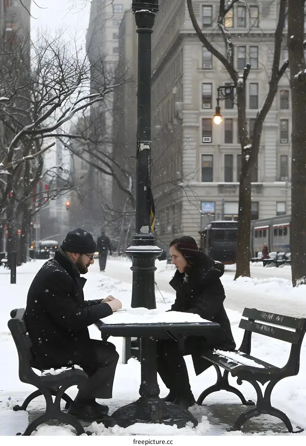 Couple Sitting at a Table on a Snowy Day in New York City