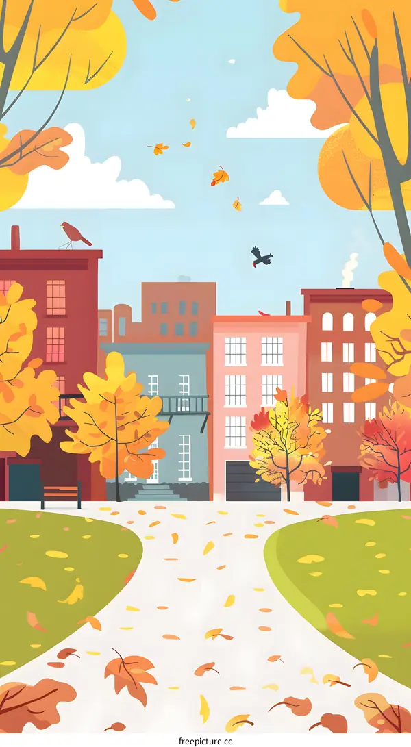 Autumn Cityscape with Falling Leaves and Birds