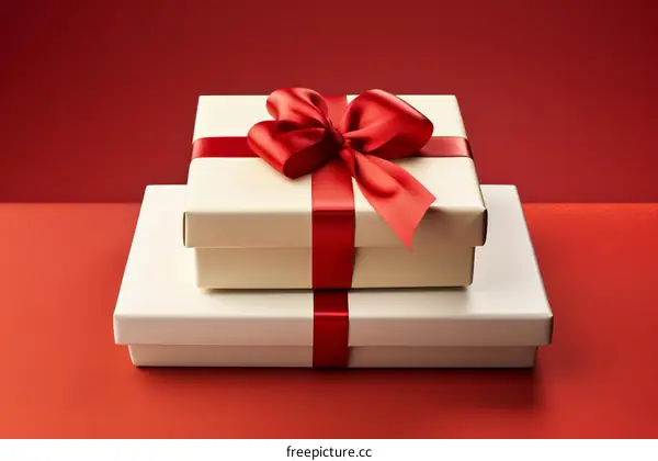Two stacked white gift boxes with red ribbon