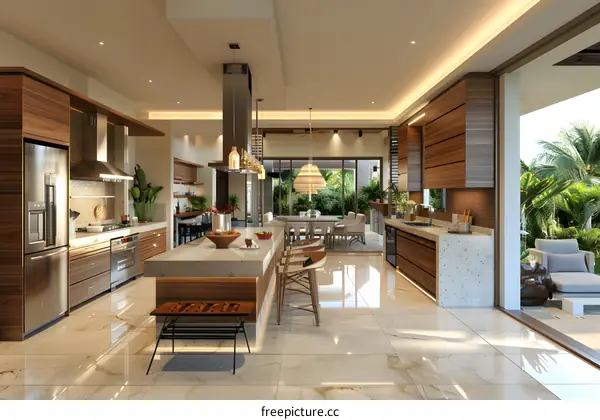 An open concept kitchen with a large island and a dining area