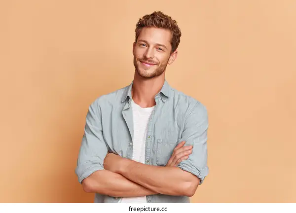 Confident Caucasian Man Posing Against a Light Peach Background
