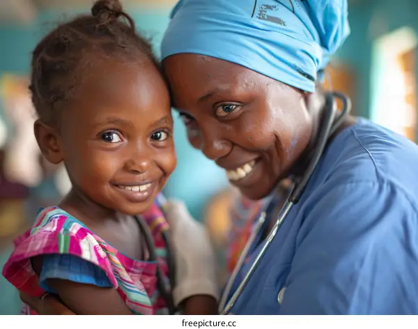Portrait of a smiling African female doctor with a young child