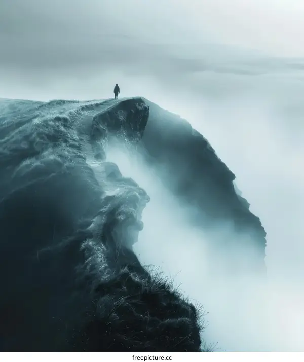 Man standing alone on a cliff overlooking a foggy landscape