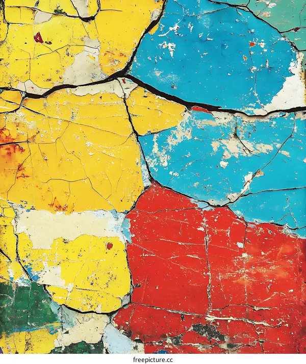 Cracked and Peeling Paint on a Surface in Vibrant Colors