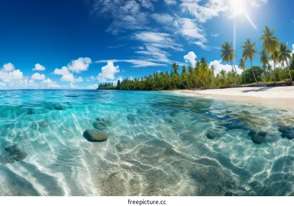 The beach is beautiful with clear water and blue sky