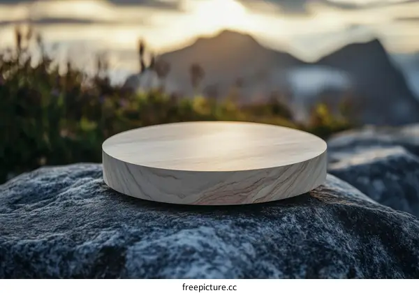 Wooden Display Platform Against Rocky Mountain Scenery