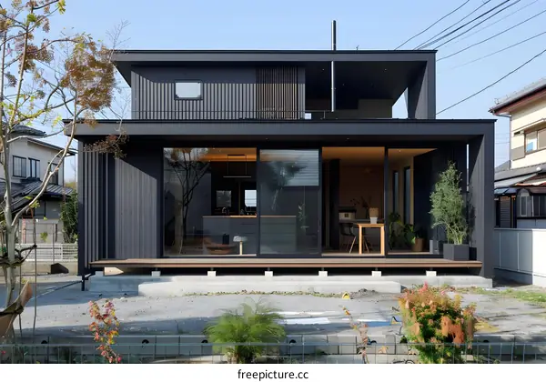 Modern Black House with Large Windows and Wooden Deck