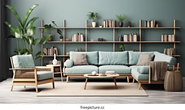 A stylish living room with a blue sofa, wooden shelves, and green plants