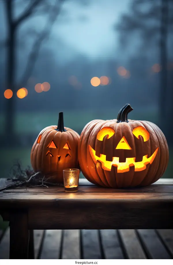 Two Halloween pumpkins sit on a wooden table outside at night