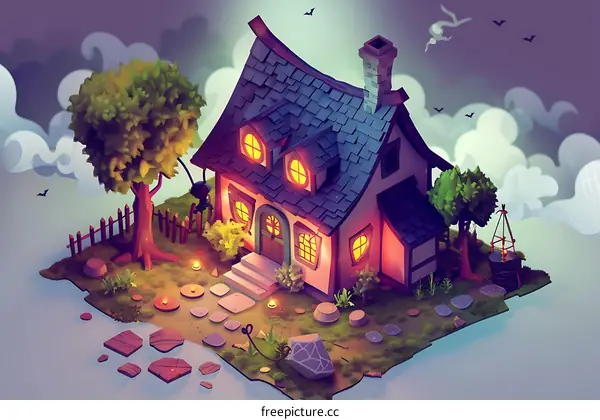 Cute Cartoon Fantasy House with Glowing Windows