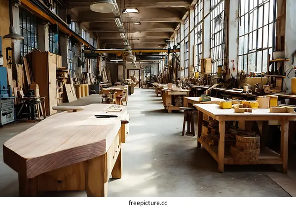 Large Industrial Woodworking Workshop with Workbenches