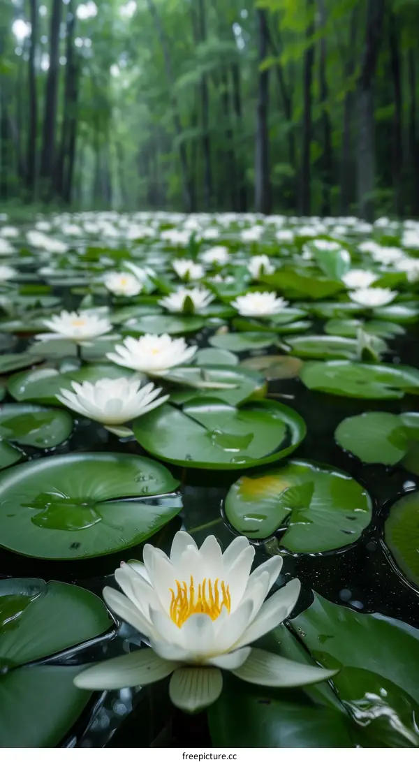 White Water Lilies in a Serene Forest Pond