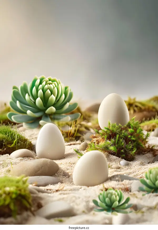 White Eggs on Sand With Green Moss and Succulents