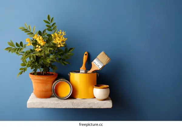 Yellow Flowers and Paint Supplies on Shelf