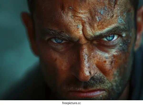 Close Up Portrait of a Man with Blue Eyes and a Dirty Face