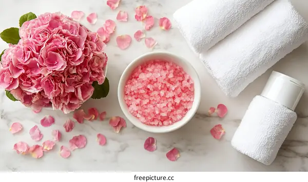 Pink Spa Setting with Hydrangeas and Rose Petals