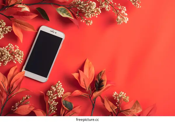 Red Background with White Smartphone and Autumn Leaves