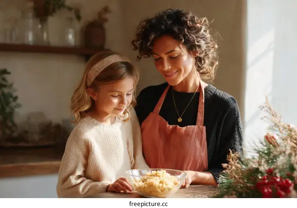 Mother and Daughter Baking Cookies in Kitchen
