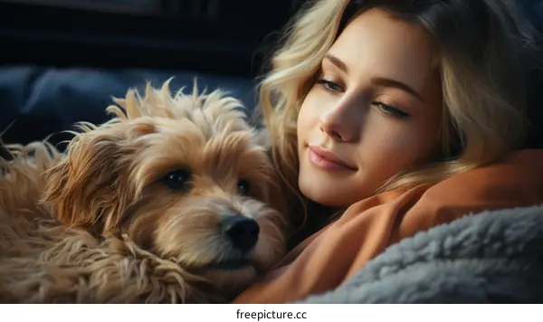 A blonde woman is lying on a bed with a brown dog