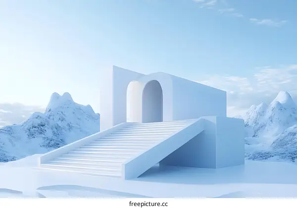 Minimalist White Architecture With Archway and Staircase in Snowy Mountain Landscape