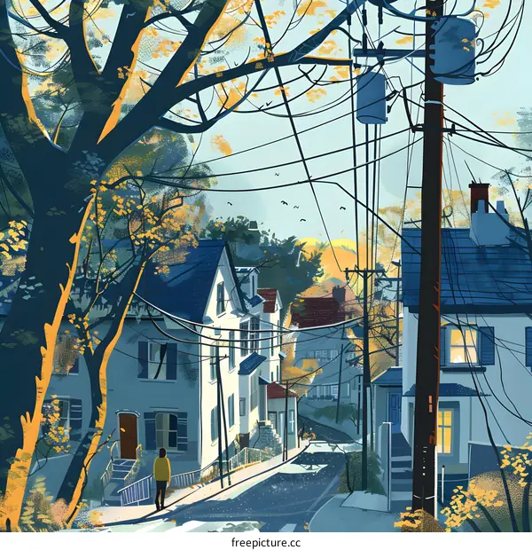 Autumn Street Scene with a Single Person Walking