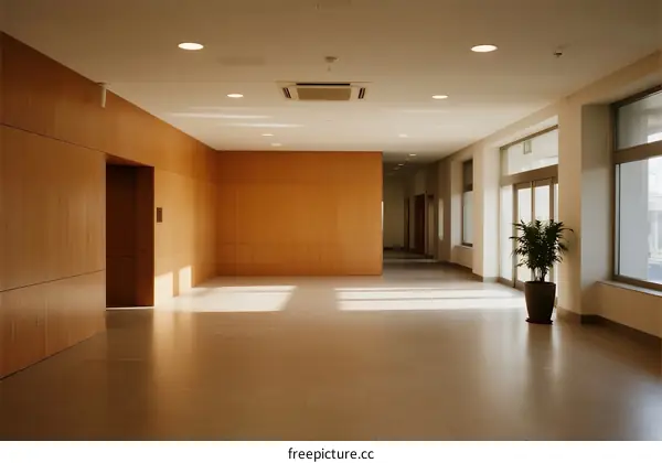 Empty spacious interior with wooden walls and ceiling lights