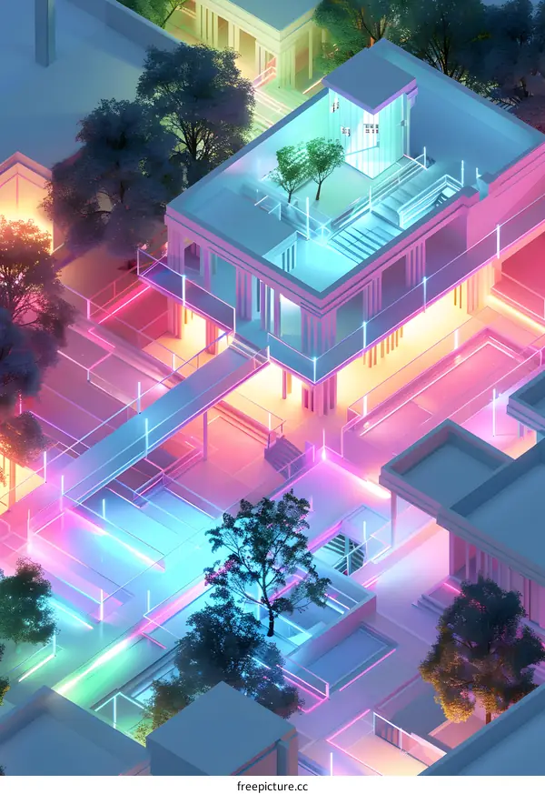 Neon Lights Futuristic City Architecture 3D Illustration