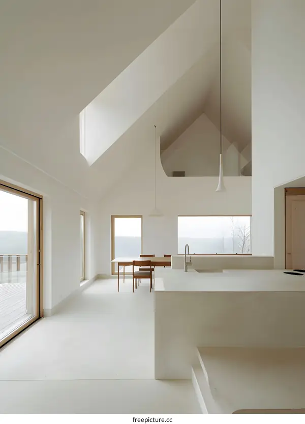 Minimalist Modern Kitchen Interior Design with White Walls and Large Windows